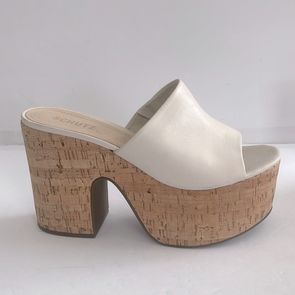 SCHUTZ Dalle Cutout Sandals Cream Cork Block Heel Platform Mules Shoes Size 9.5 - Picture 8 of 12
